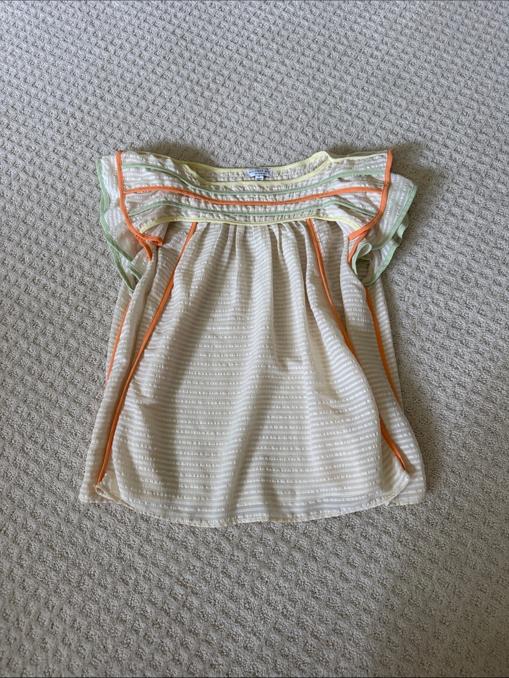 Current Air Cream Striped Flutter Sleeve Top with Orange & Green Trim